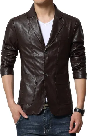 chouyatou Men's Stylish 2 Button Faux Leather Suit Blazer Jacket Sport Coat