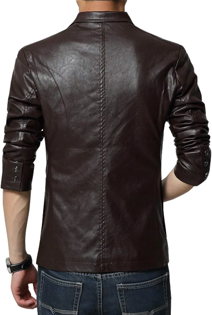 chouyatou Men's Stylish 2 Button Faux Leather Suit Blazer Jacket Sport Coat