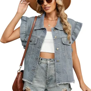 chouyatou Women's Button Down Ruffle Sleeveless Denim Jacket Leopard Print Distressed Jean Short Vest Jacket