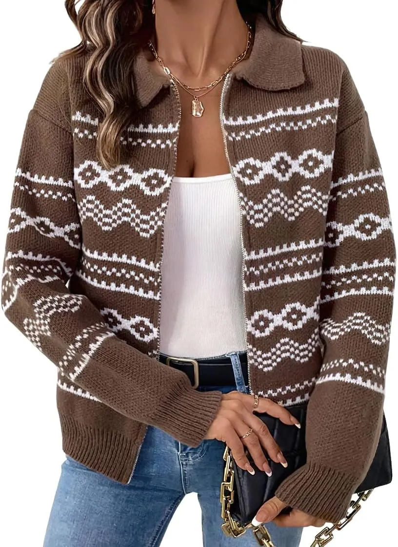 chouyatou Women's Fair Isle Sweaters Coat Western Tribal Aztec Zip Up Vintage Fall Lapel Knit Cardigan Top