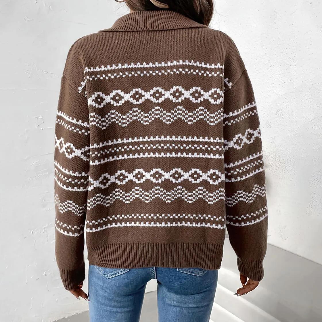chouyatou Women's Fair Isle Sweaters Coat Western Tribal Aztec Zip Up Vintage Fall Lapel Knit Cardigan Top
