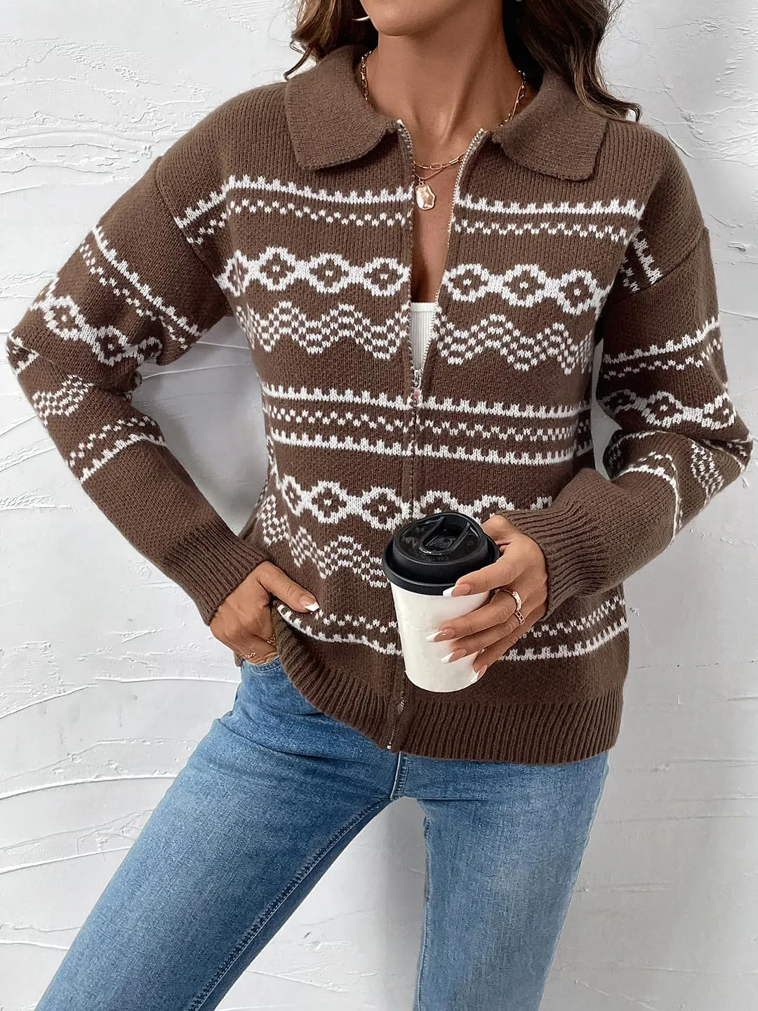 chouyatou Women's Fair Isle Sweaters Coat Western Tribal Aztec Zip Up Vintage Fall Lapel Knit Cardigan Top