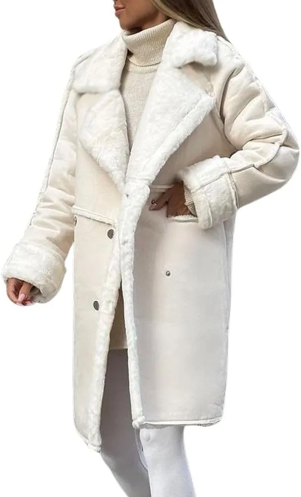 chouyatou Women's Winter Notched Lapel Double Breasted Sherpa Fleece Faux Suede Leather Long Trench Coat with Pockets