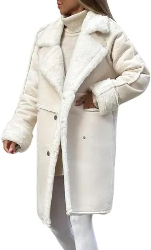 chouyatou Women's Winter Notched Lapel Double Breasted Sherpa Fleece Faux Suede Leather Long Trench Coat with Pockets