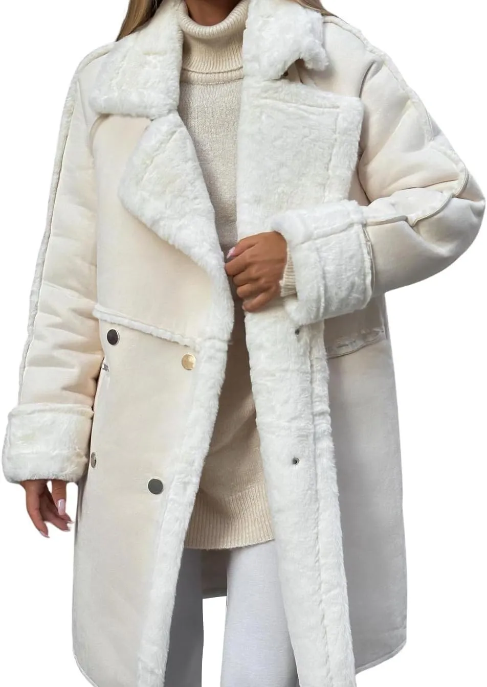 chouyatou Women's Winter Notched Lapel Double Breasted Sherpa Fleece Faux Suede Leather Long Trench Coat with Pockets