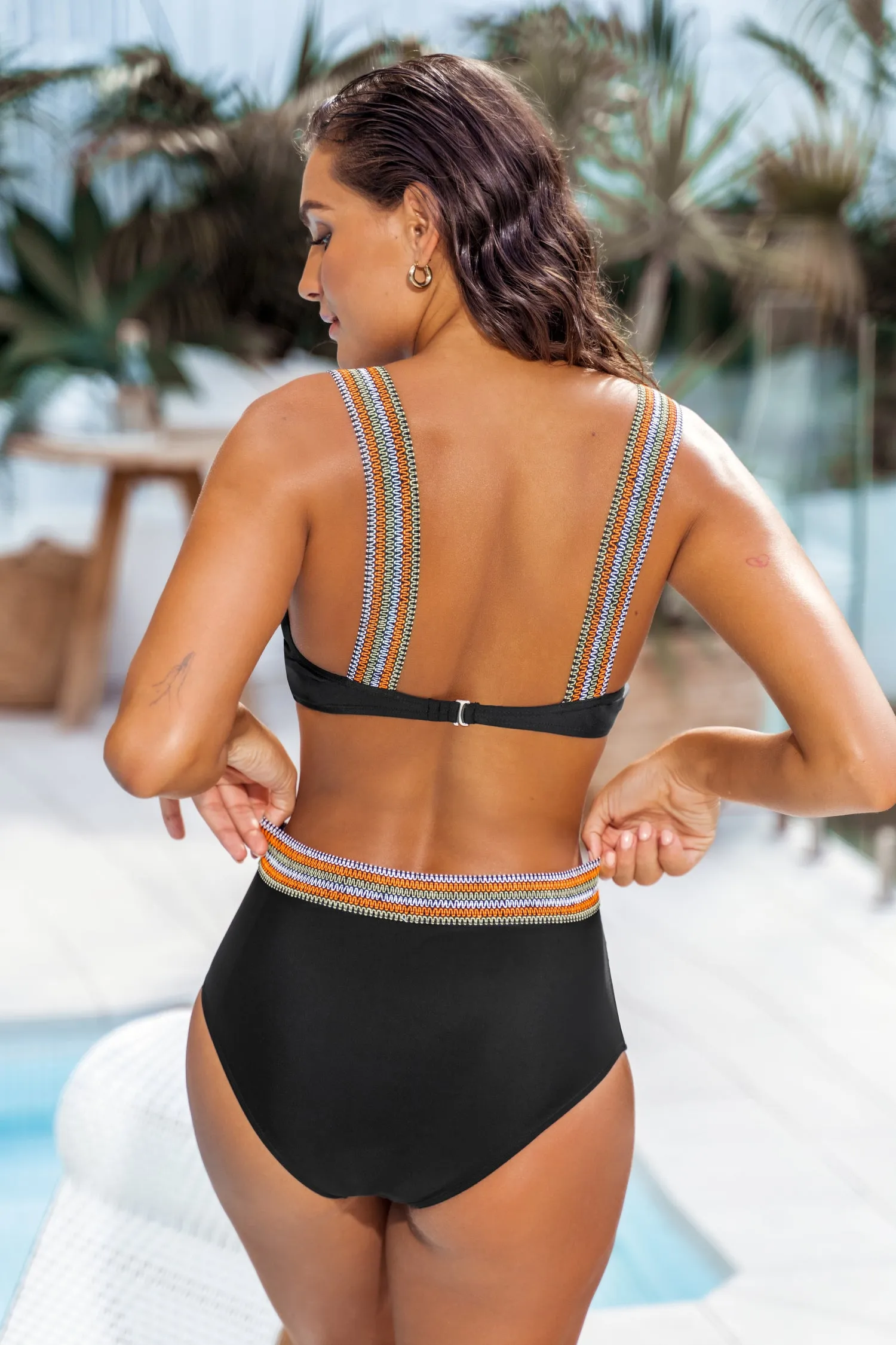 Contrast-Stitch Trim Wrap Bralette & High Waist Bikini Set