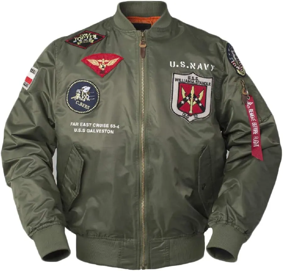 CORIRESHA Mens Outdoor Embroidered Patches Slim Fit US Navy Bomber Jackets Windbreaker