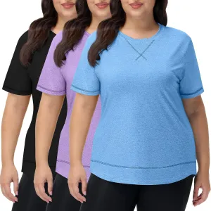 Coume 3 Pack Women's Plus Size Workout Tops Short Sleeve Loose Fit Crew Neck Shirts Quick Dry Gym Clothes