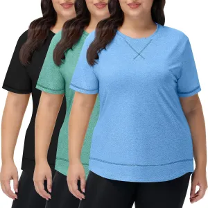 Coume 3 Pack Women's Plus Size Workout Tops Short Sleeve Loose Fit Crew Neck Shirts Quick Dry Gym Clothes