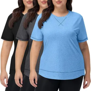 Coume 3 Pack Women's Plus Size Workout Tops Short Sleeve Loose Fit Crew Neck Shirts Quick Dry Gym Clothes