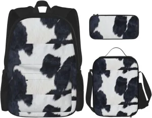 Cowhide Print Unisex Stylish Travel Backpack Set With Insulated Lunch Bag,Adjustable Straps