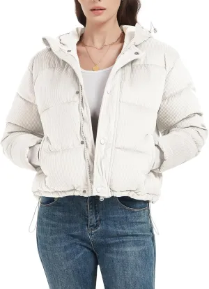 COZYPOIN Women's Winter Puffer Coats Corduroy Down Jacket Quilted Hooded Warm Padded Outerwear(White-M)