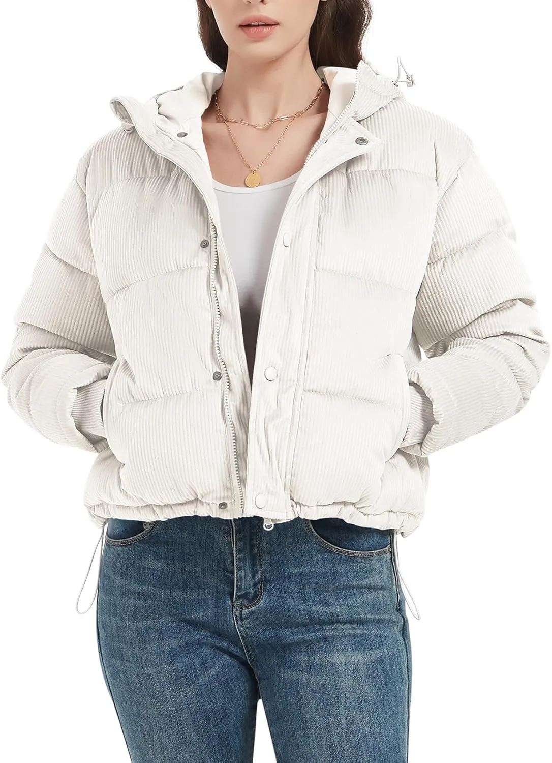 COZYPOIN Women's Winter Puffer Coats Corduroy Down Jacket Quilted Hooded Warm Padded Outerwear(White-M)