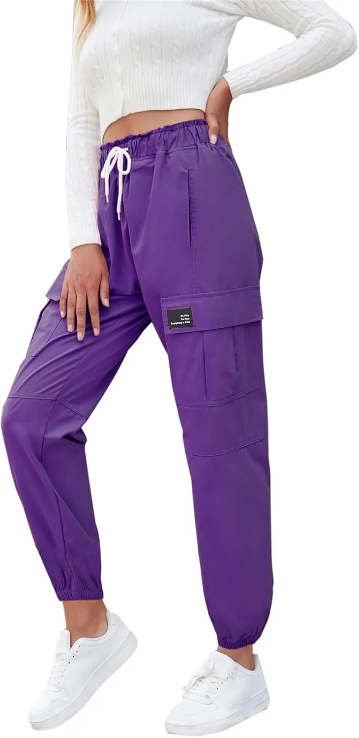 Cromoncent Girls&Womens Cargo Pants Elastic Waist Lightweight Outdoor Jogger Pants, 6 Years - XX-Large