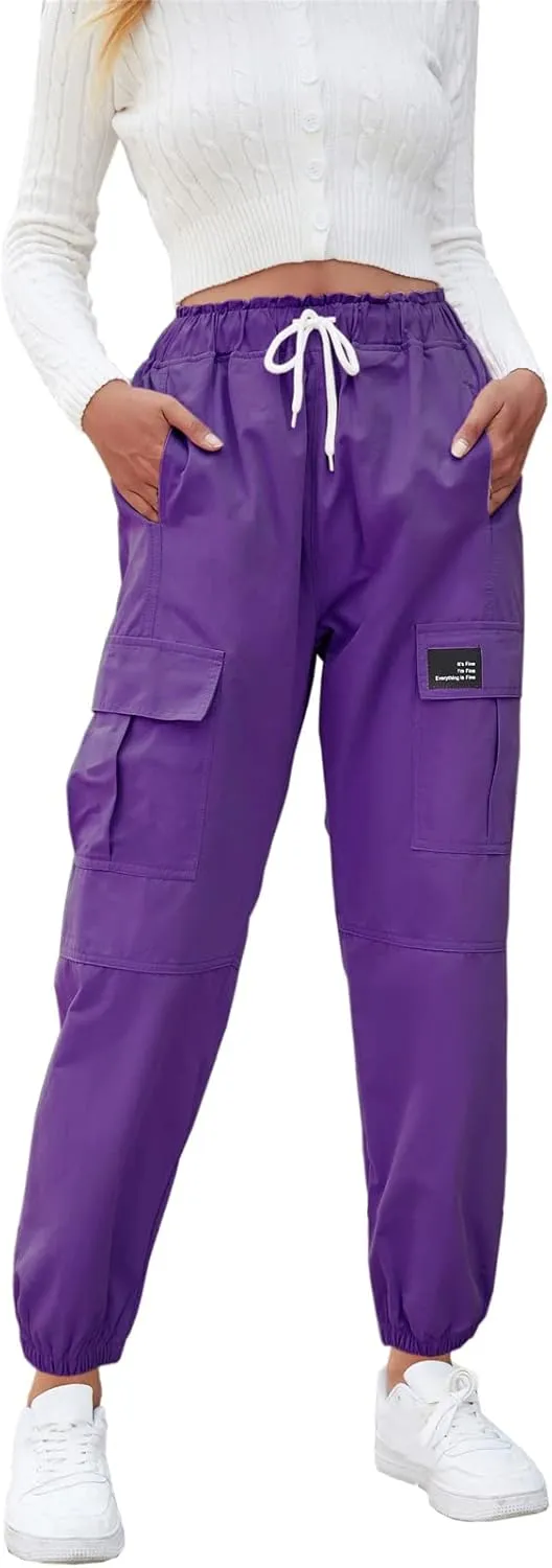 Cromoncent Girls&Womens Cargo Pants Elastic Waist Lightweight Outdoor Jogger Pants, 6 Years - XX-Large
