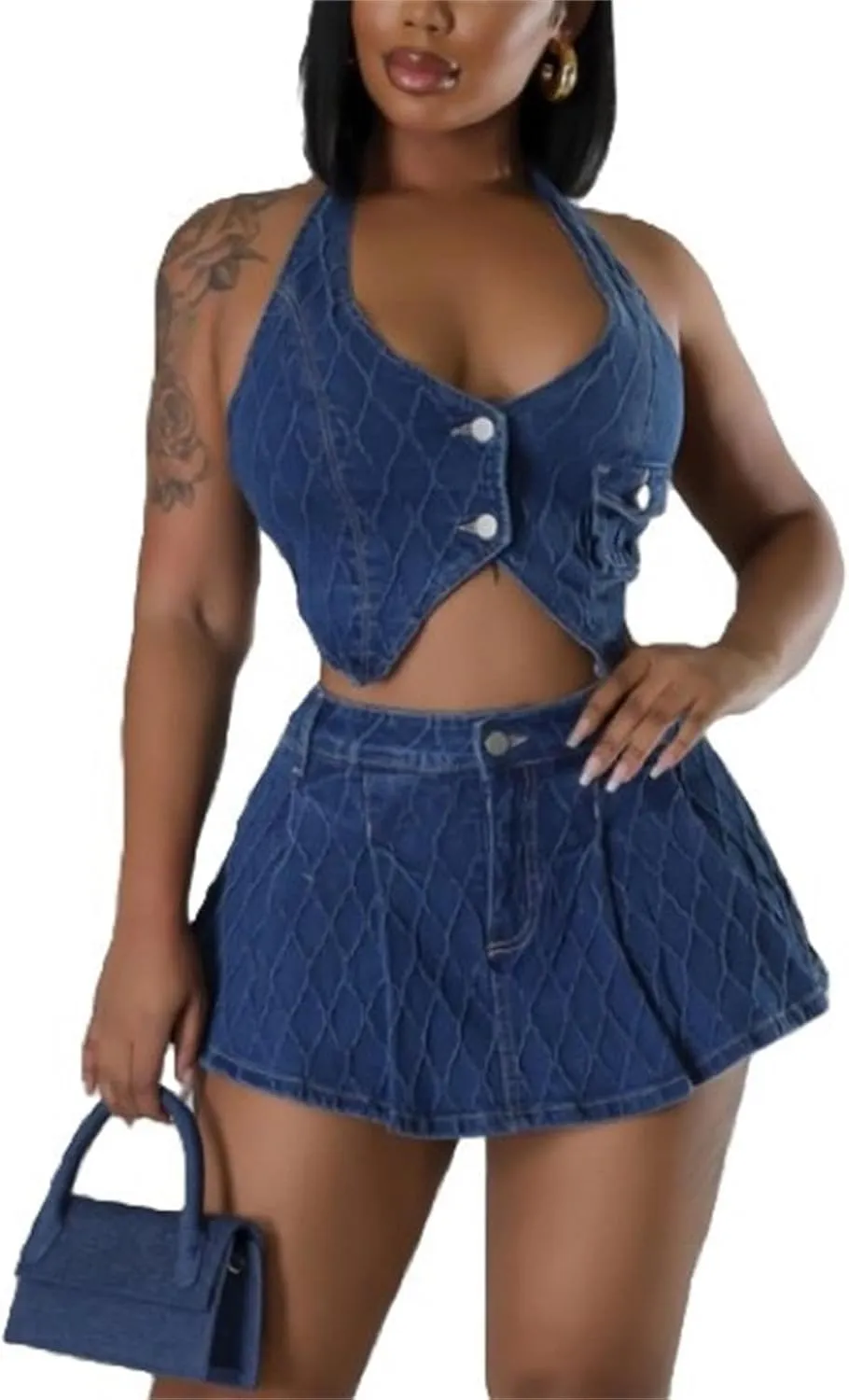 cu4eve Skirt Sets Women 2 Piece Outfits Sexy Summer Denim Halter Tank Tops and Jean Skort Party Club Night Dress