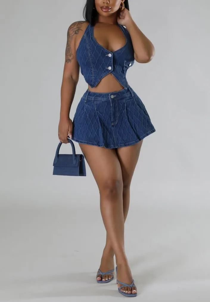 cu4eve Skirt Sets Women 2 Piece Outfits Sexy Summer Denim Halter Tank Tops and Jean Skort Party Club Night Dress