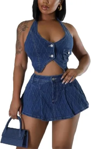 cu4eve Skirt Sets Women 2 Piece Outfits Sexy Summer Denim Halter Tank Tops and Jean Skort Party Club Night Dress