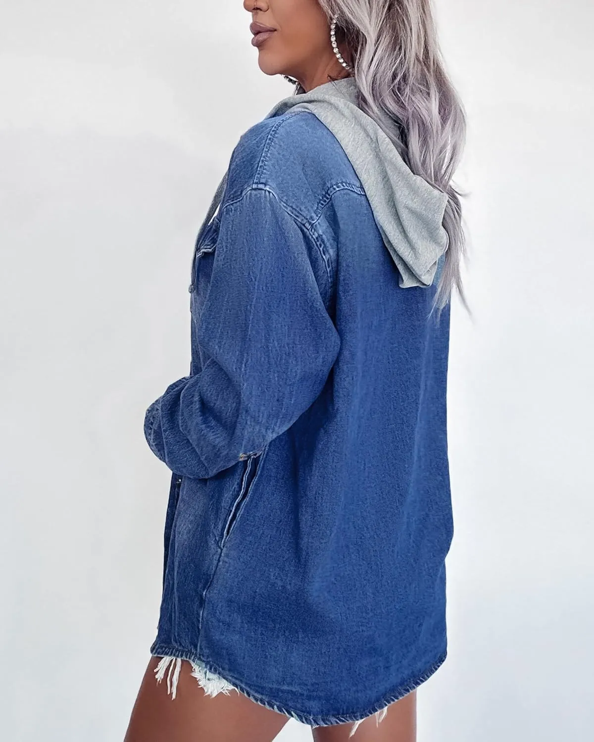 CYLADY Women's Hooded Zip Up Denim Shacket Casual Oversized Jean Jackets Vintage Denim Shirt