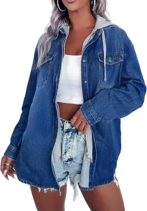CYLADY Women's Hooded Zip Up Denim Shacket Casual Oversized Jean Jackets Vintage Denim Shirt