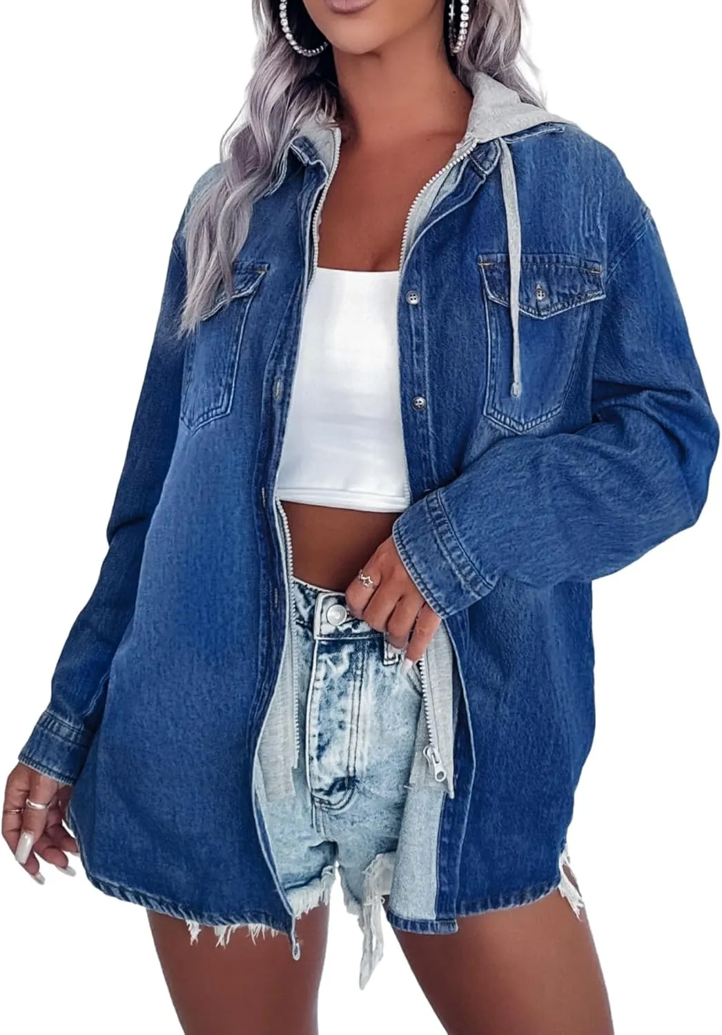 CYLADY Women's Hooded Zip Up Denim Shacket Casual Oversized Jean Jackets Vintage Denim Shirt
