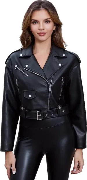 DIASHINY Faux Leather Jacket For Women Crop Short Cropped PU Slim Zip Up Moto Biker Coat Motorcycle Jackets