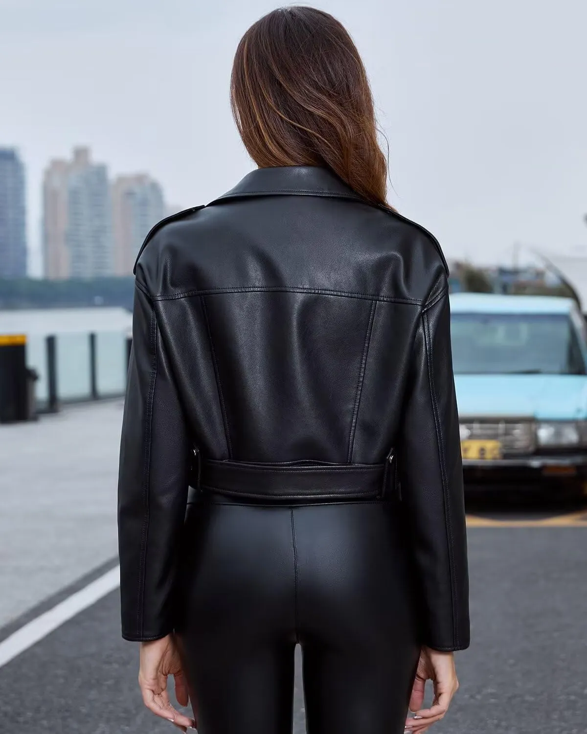 DIASHINY Faux Leather Jacket For Women Crop Short Cropped PU Slim Zip Up Moto Biker Coat Motorcycle Jackets