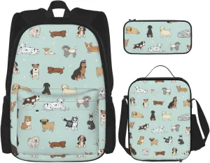 Dog Print Unisex Stylish Travel Backpack Set With Insulated Lunch Bag,Adjustable Straps