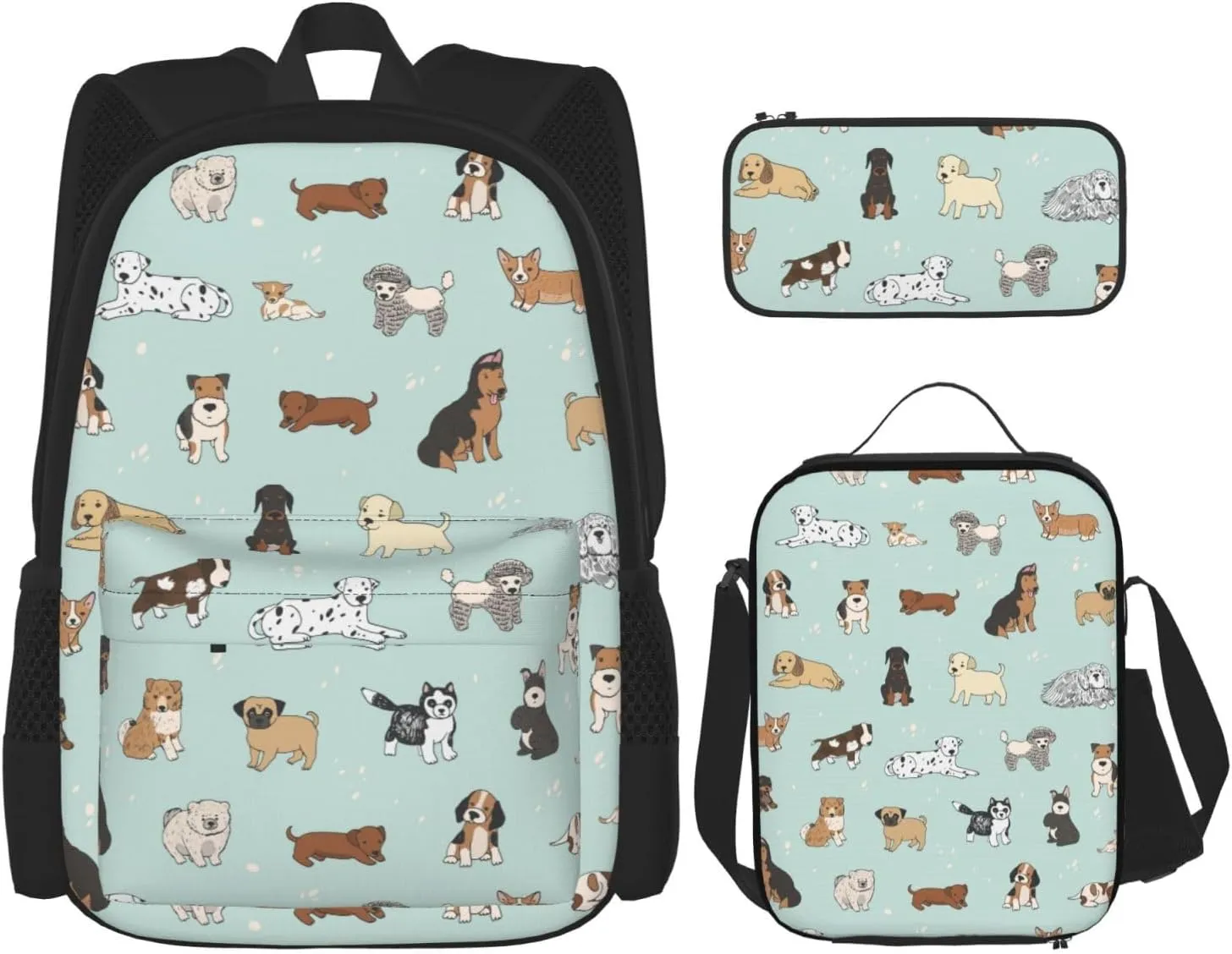 Dog Print Unisex Stylish Travel Backpack Set With Insulated Lunch Bag,Adjustable Straps