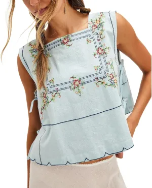 Dupe Y2k Women Floral Embroidery Side Tie Tank Top Crop fp Cute Sleeveless Lace Up Vest Going Out Babydoll Shirt Summer