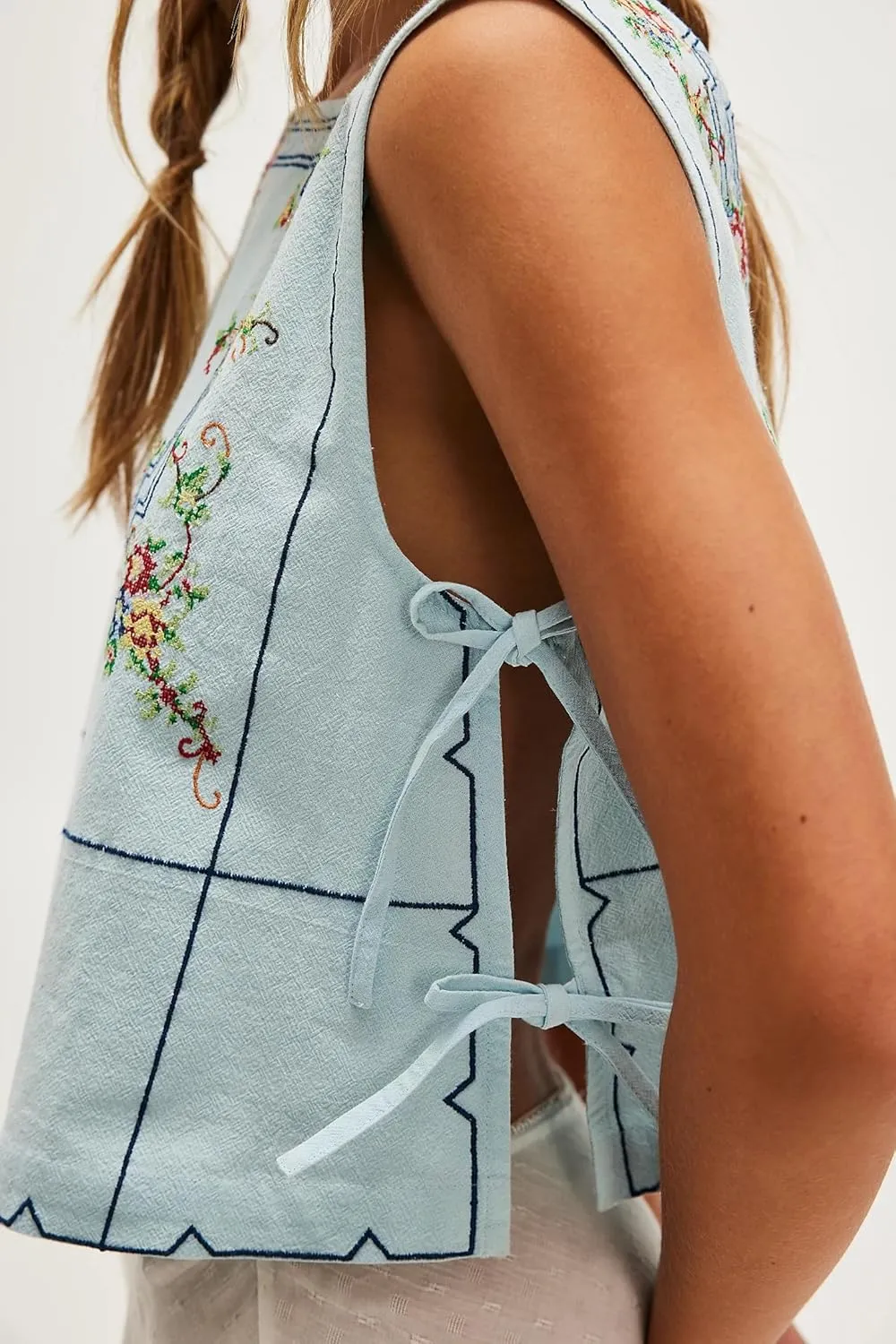 Dupe Y2k Women Floral Embroidery Side Tie Tank Top Crop fp Cute Sleeveless Lace Up Vest Going Out Babydoll Shirt Summer