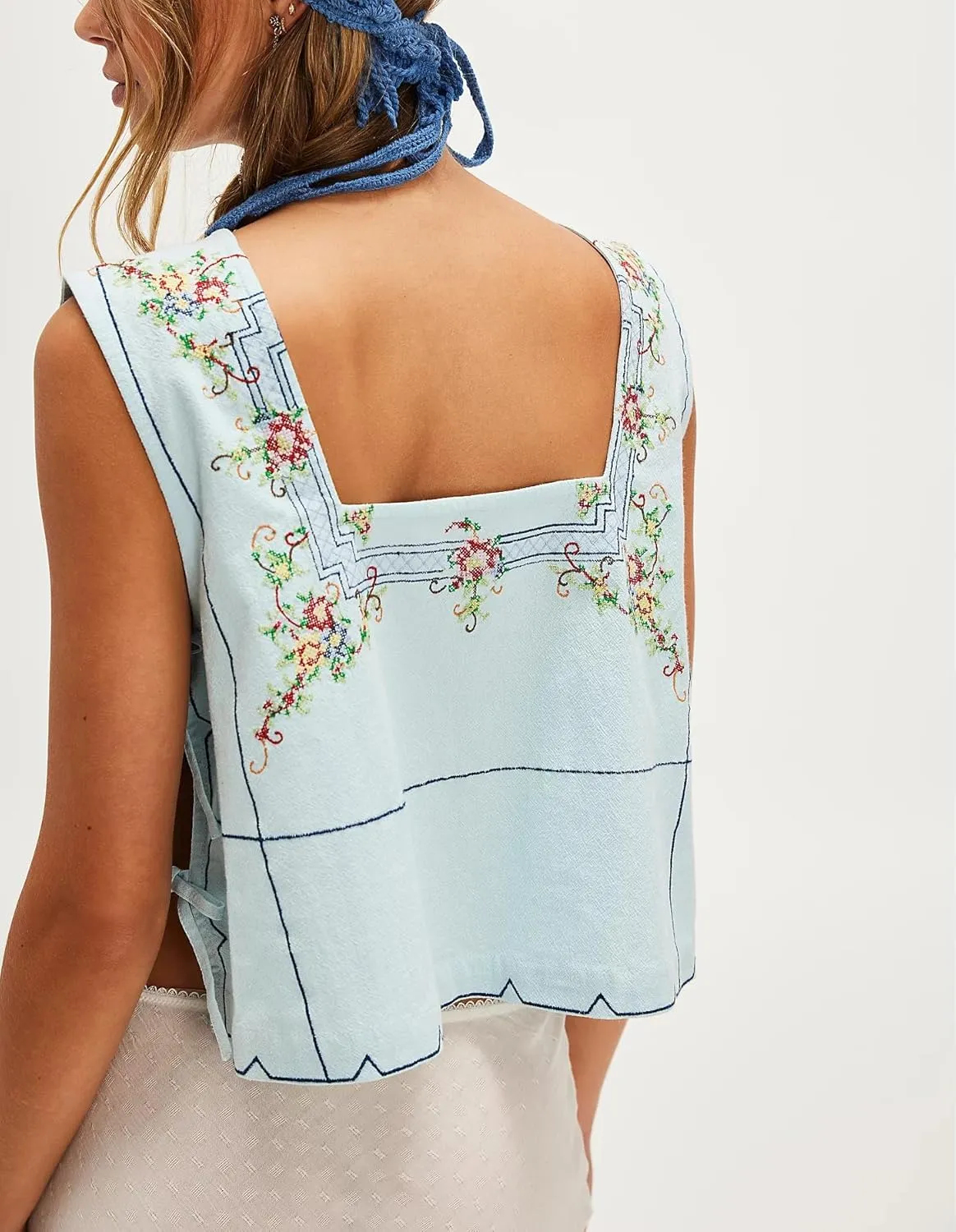 Dupe Y2k Women Floral Embroidery Side Tie Tank Top Crop fp Cute Sleeveless Lace Up Vest Going Out Babydoll Shirt Summer