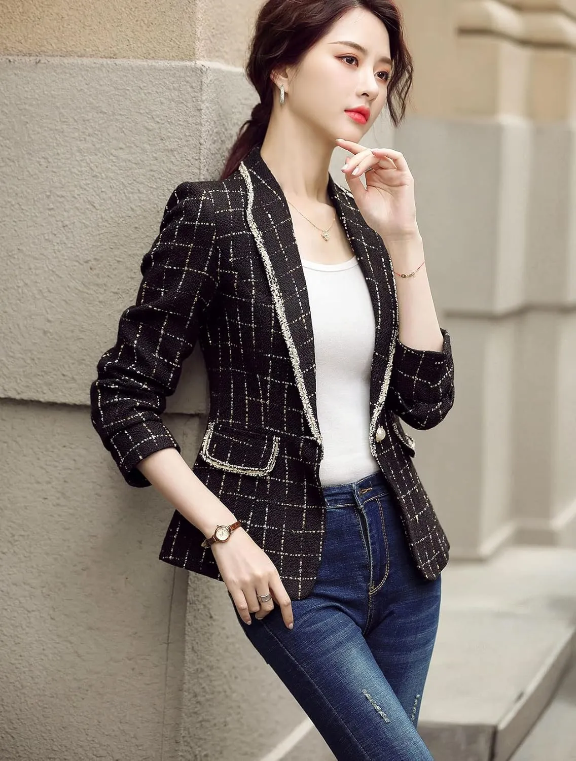 ebossy Women's Bordered Notched Lapel Plaid Blazer Suit Button Down Slim Elegant Houndstooth Checker Jacket Coat Crop Tops