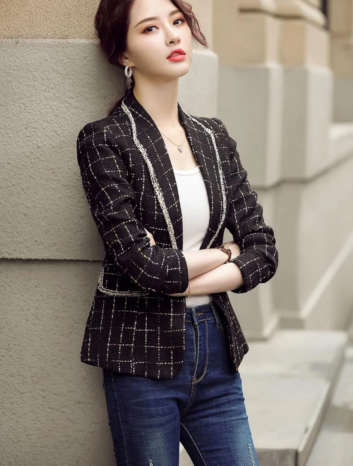 ebossy Women's Bordered Notched Lapel Plaid Blazer Suit Button Down Slim Elegant Houndstooth Checker Jacket Coat Crop Tops