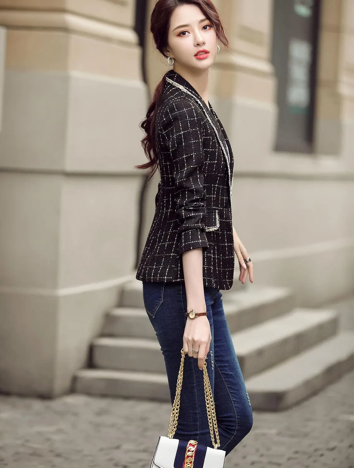 ebossy Women's Bordered Notched Lapel Plaid Blazer Suit Button Down Slim Elegant Houndstooth Checker Jacket Coat Crop Tops