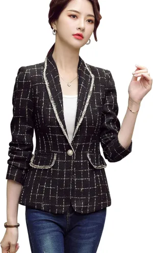 ebossy Women's Bordered Notched Lapel Plaid Blazer Suit Button Down Slim Elegant Houndstooth Checker Jacket Coat Crop Tops