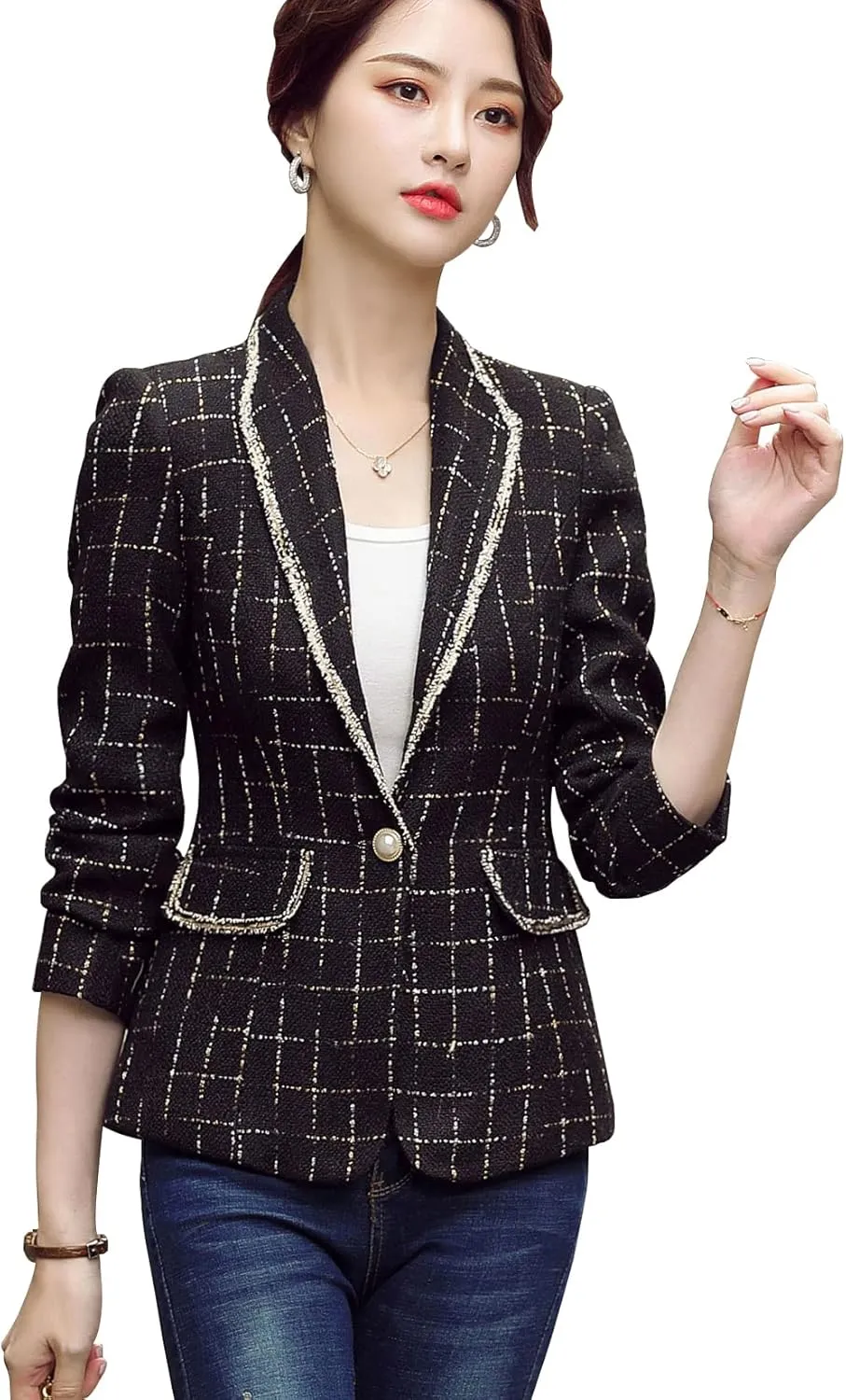 ebossy Women's Bordered Notched Lapel Plaid Blazer Suit Button Down Slim Elegant Houndstooth Checker Jacket Coat Crop Tops
