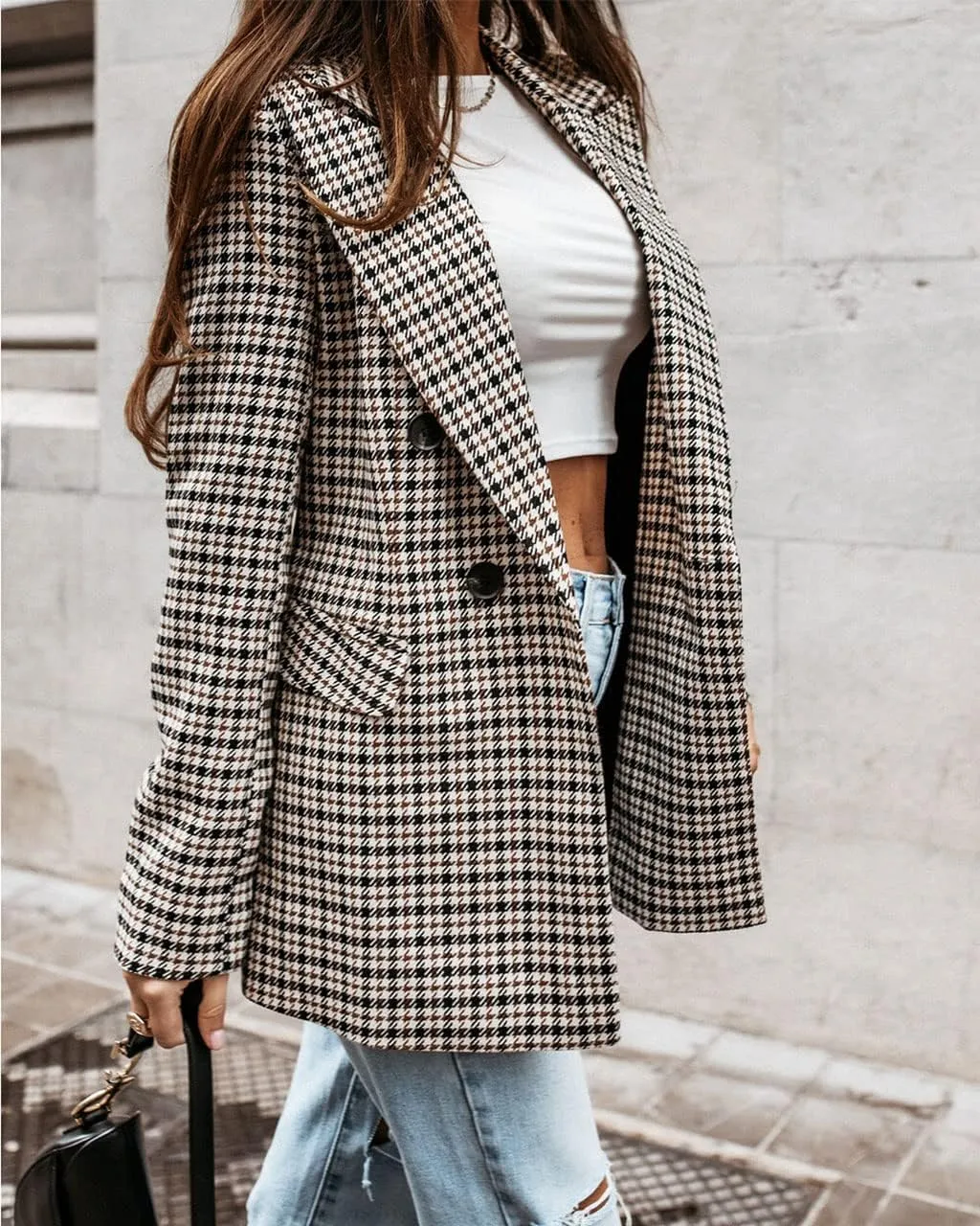 ebossy Women's Elegant Plaid Thoundstooth Blazer Double Breasted Slim Fit Check Jacket Coat