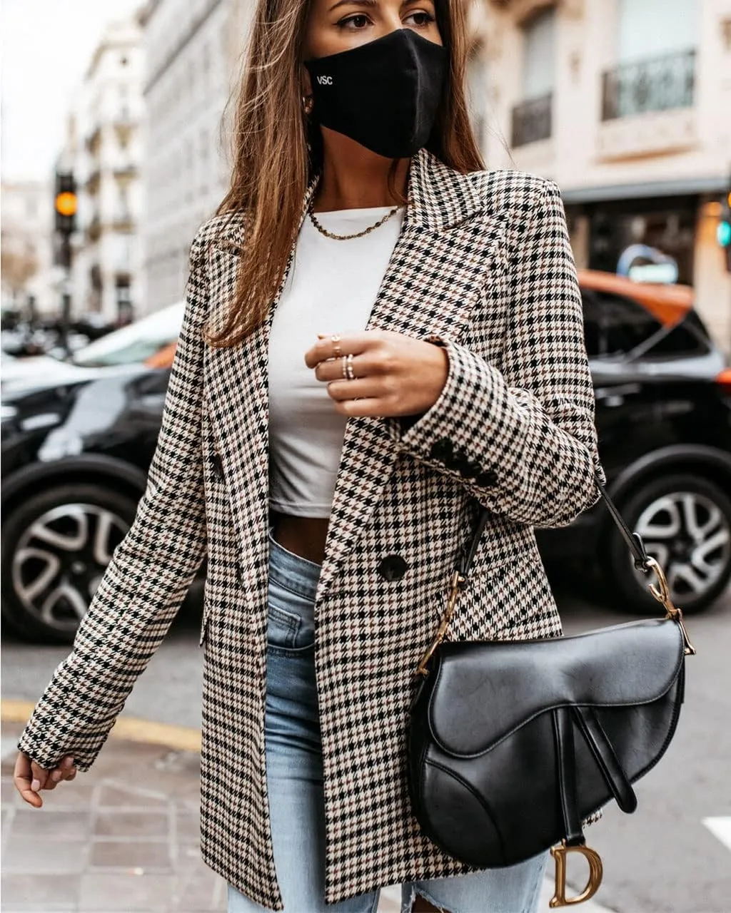 ebossy Women's Elegant Plaid Thoundstooth Blazer Double Breasted Slim Fit Check Jacket Coat