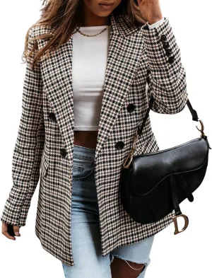 ebossy Women's Elegant Plaid Thoundstooth Blazer Double Breasted Slim Fit Check Jacket Coat