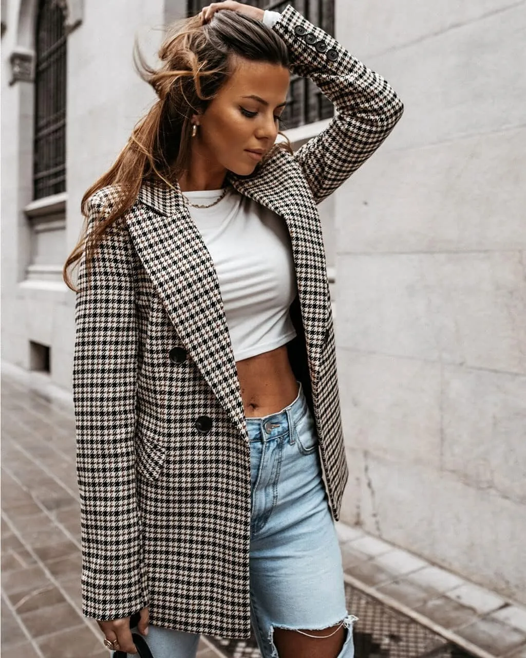 ebossy Women's Elegant Plaid Thoundstooth Blazer Double Breasted Slim Fit Check Jacket Coat