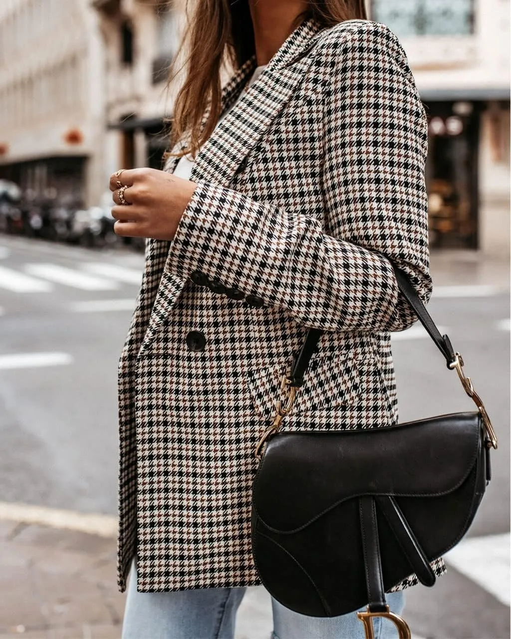 ebossy Women's Elegant Plaid Thoundstooth Blazer Double Breasted Slim Fit Check Jacket Coat