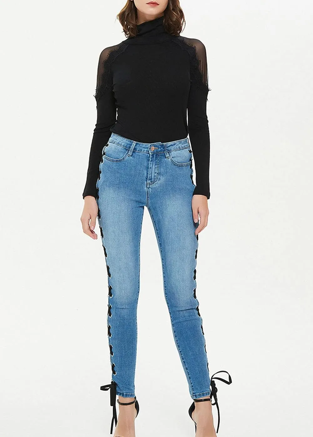 ebossy Women's Stylish Lace-Up Side Split Skinny Fit Stretch Ankle Jean Pants