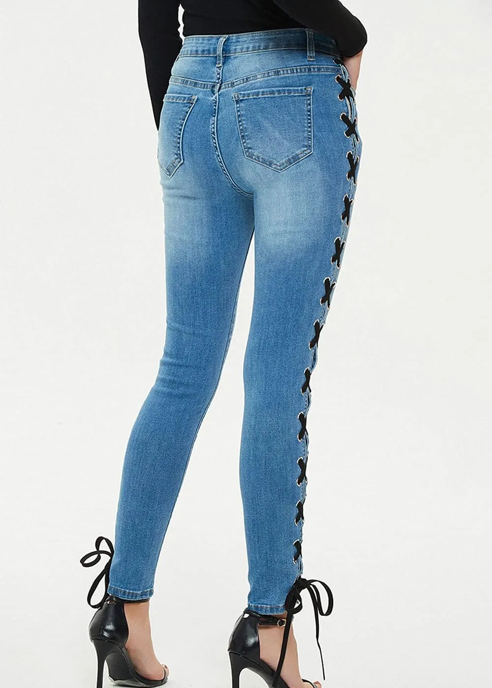 ebossy Women's Stylish Lace-Up Side Split Skinny Fit Stretch Ankle Jean Pants