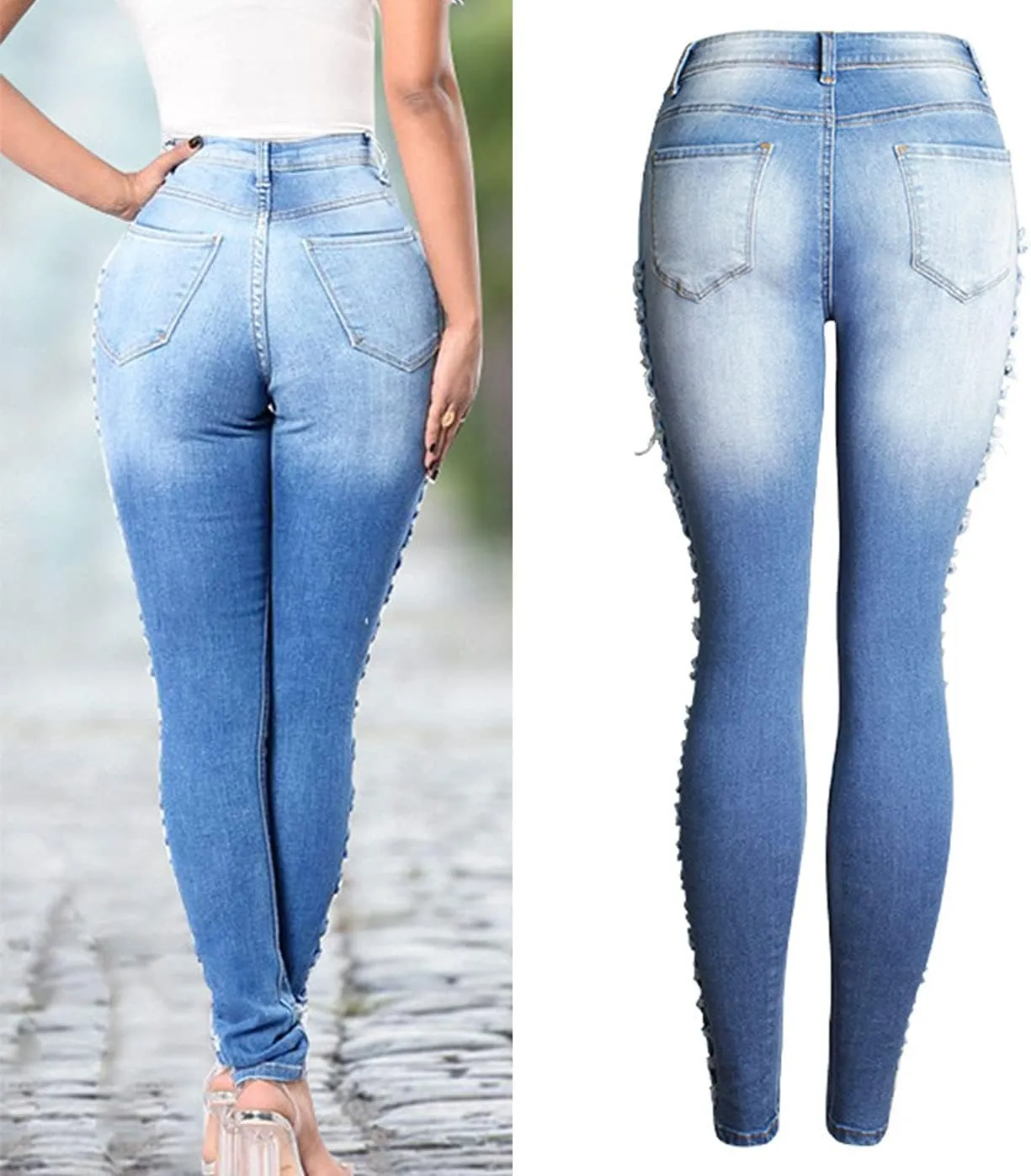 ebossy Women's Stylish Lace-Up Side Split Skinny Fit Stretch Ankle Jean Pants