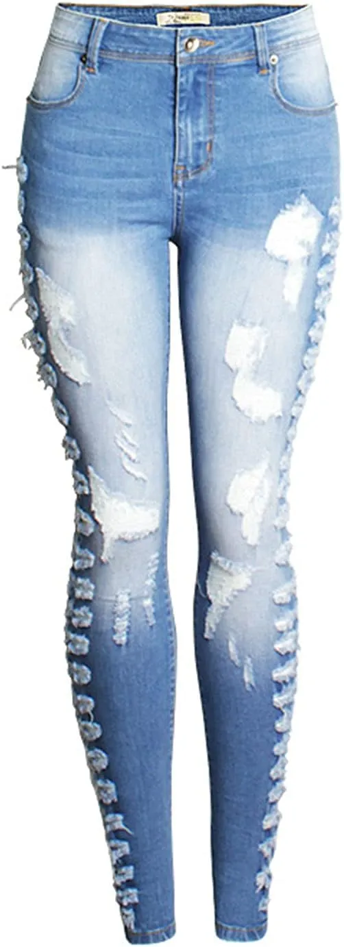 ebossy Women's Stylish Lace-Up Side Split Skinny Fit Stretch Ankle Jean Pants