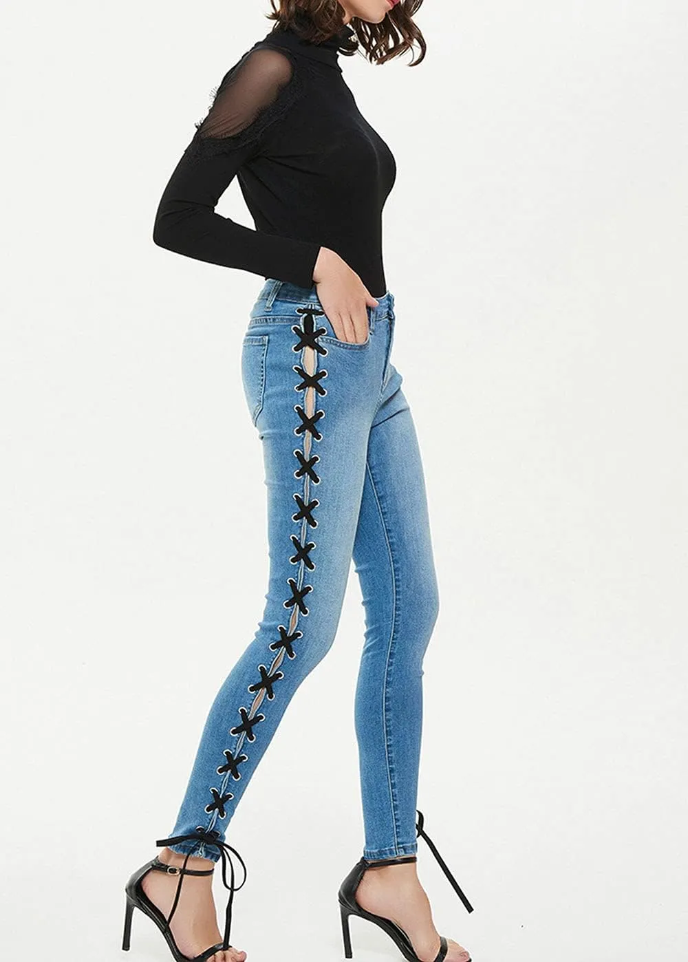 ebossy Women's Stylish Lace-Up Side Split Skinny Fit Stretch Ankle Jean Pants