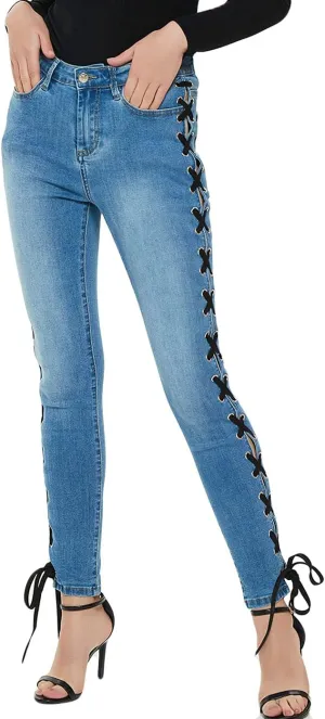 ebossy Women's Stylish Lace-Up Side Split Skinny Fit Stretch Ankle Jean Pants