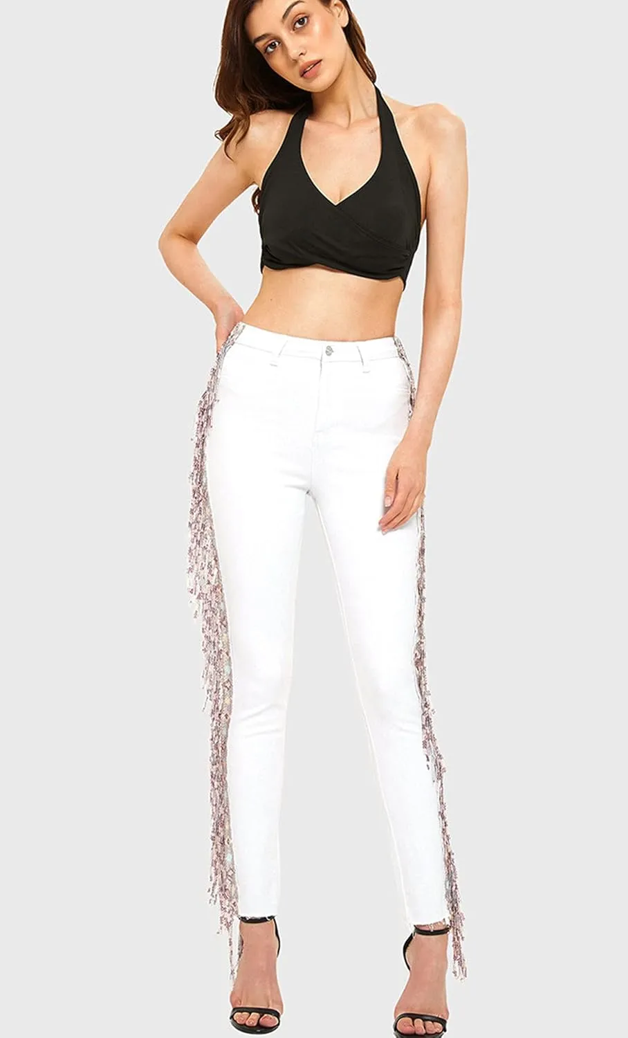 ebossy Women's Stylish Lace-Up Side Split Skinny Fit Stretch Ankle Jean Pants