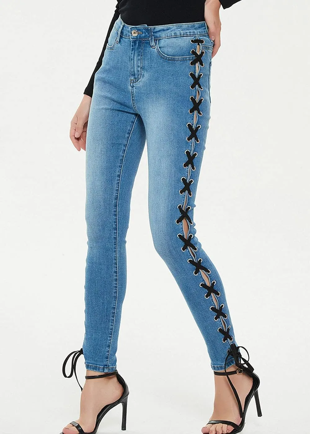 ebossy Women's Stylish Lace-Up Side Split Skinny Fit Stretch Ankle Jean Pants